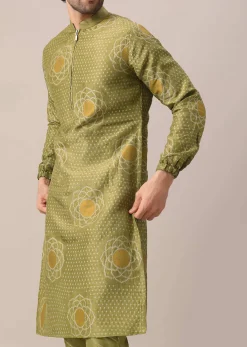 Green Printed Kurta Set In Brocade