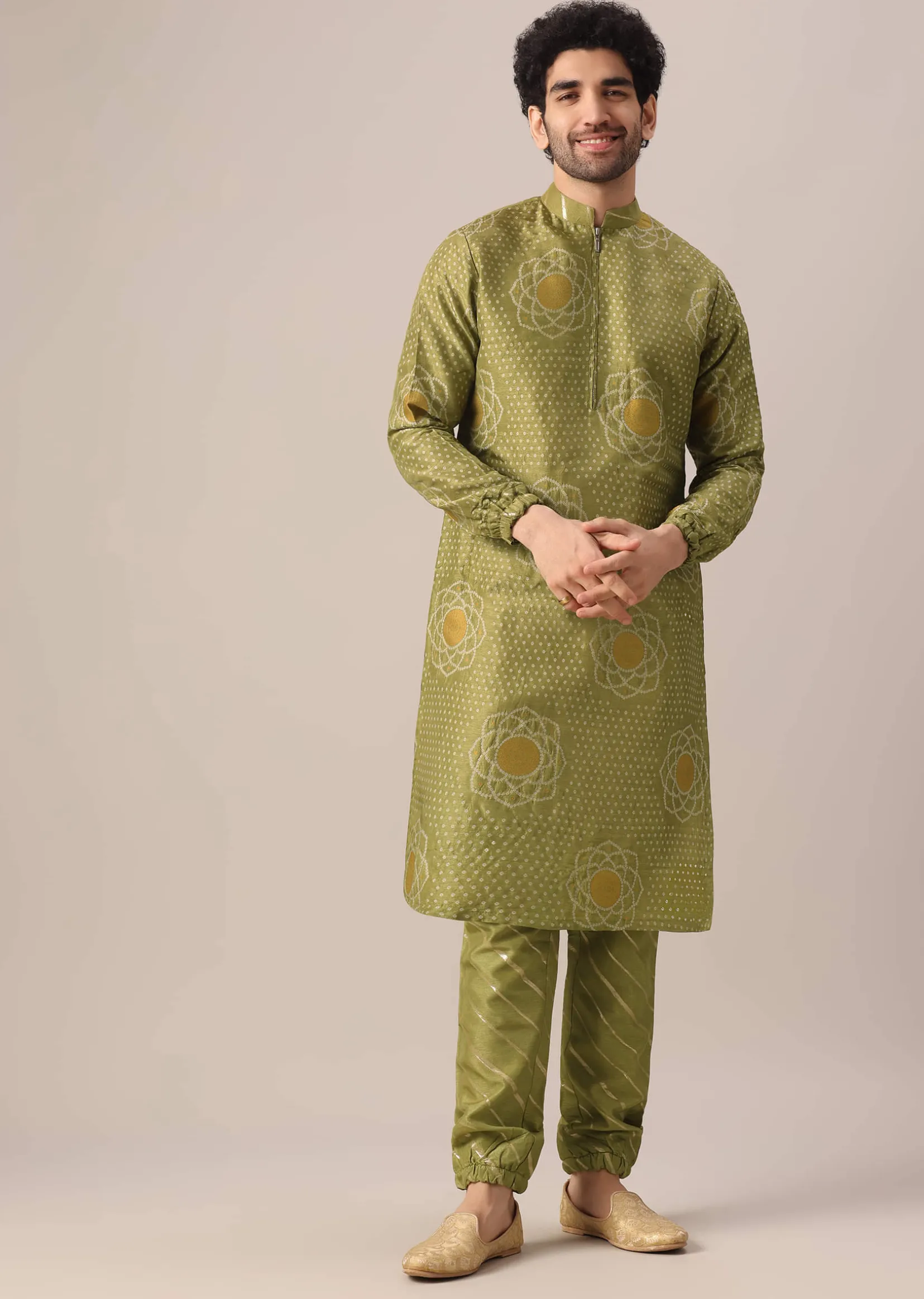 Green Printed Kurta Set In Brocade