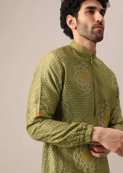 Green Printed Kurta Set In Brocade