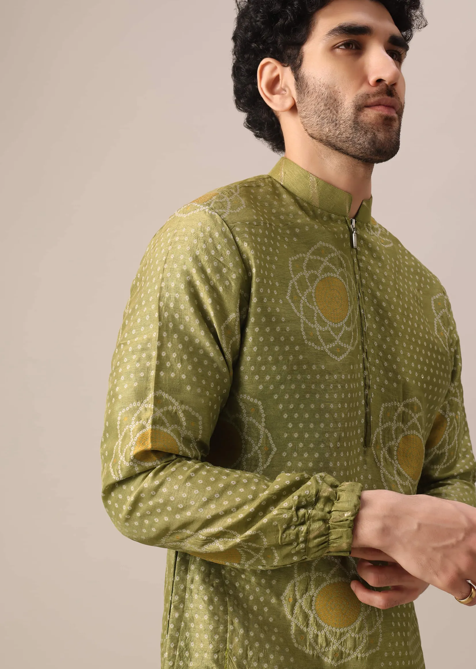 Green Printed Kurta Set In Brocade