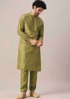 Green Printed Kurta Set In Brocade