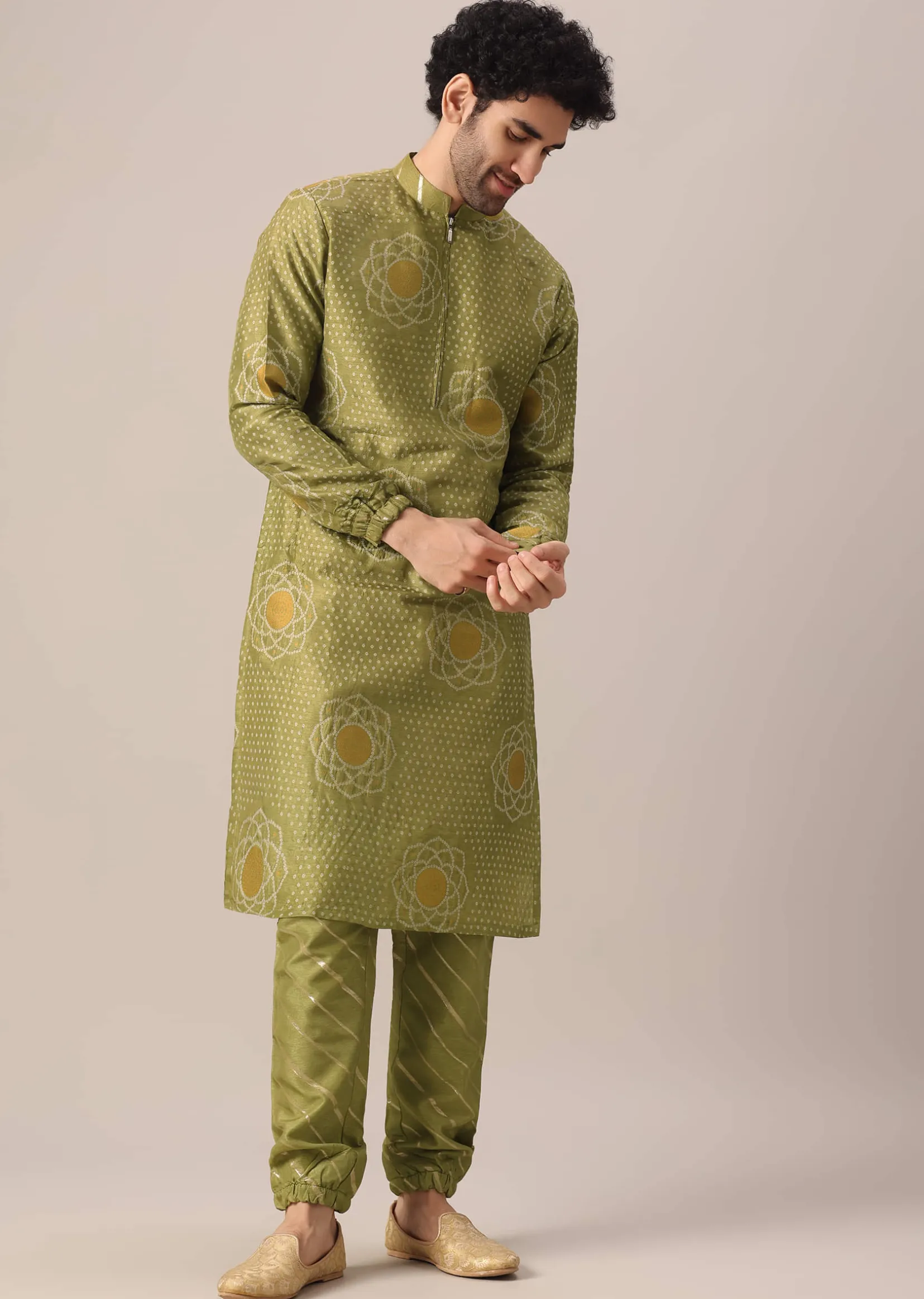 Green Printed Kurta Set In Brocade
