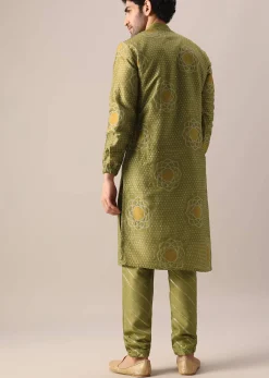 Green Printed Kurta Set In Brocade