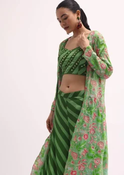 Green Printed Palazzo Set With Jacket