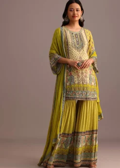 Green Printed Sharara Set With Chiffon Dupatta