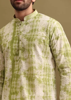 Green Printed Silk Kurta Set For Men