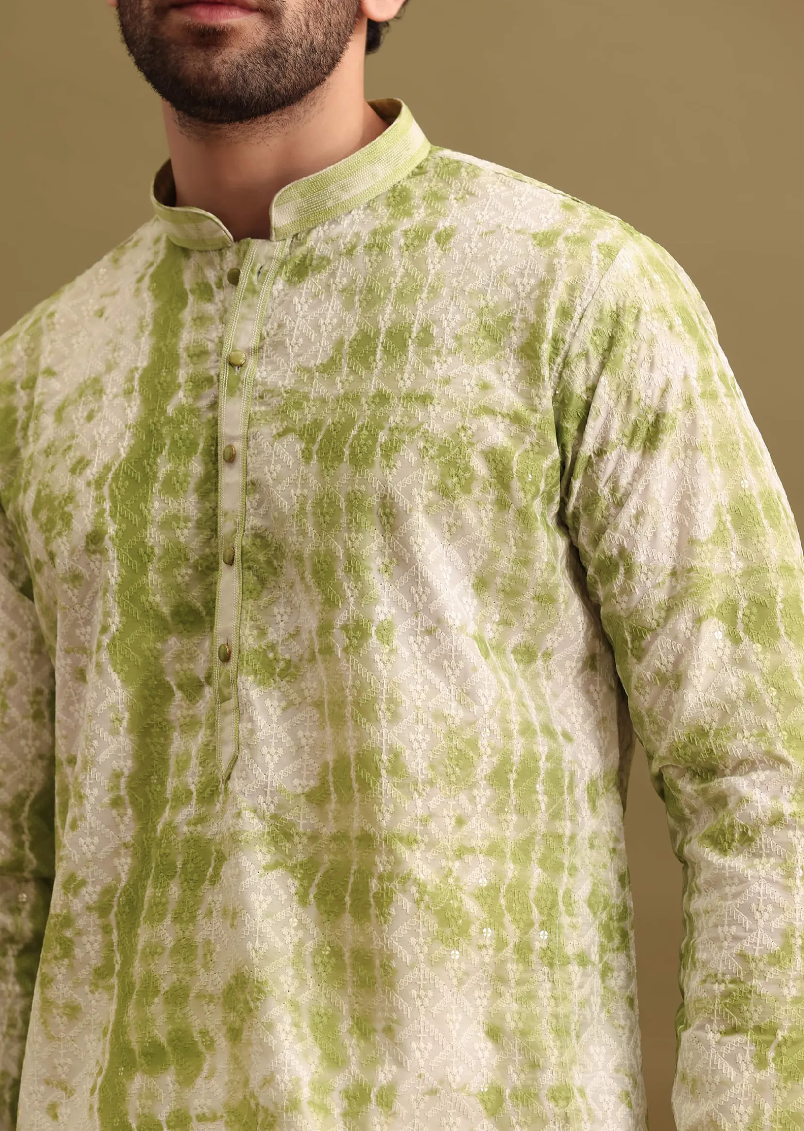 Green Printed Silk Kurta Set For Men