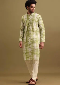 Green Printed Silk Kurta Set For Men