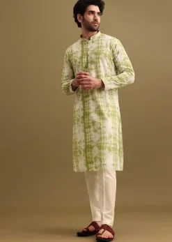 Green Printed Silk Kurta Set For Men