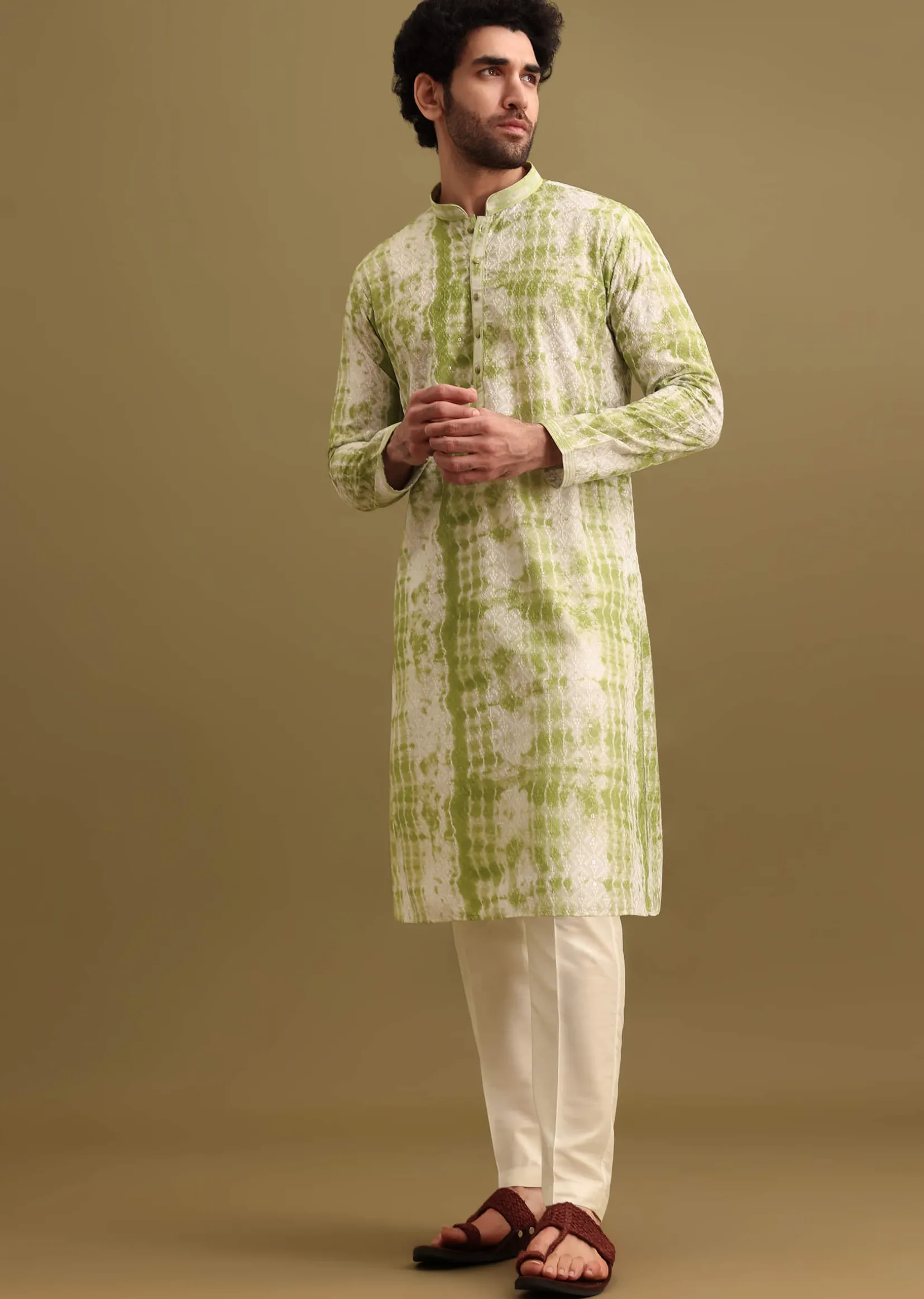 Green Printed Silk Kurta Set For Men