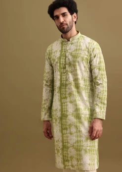 Green Printed Silk Kurta Set For Men