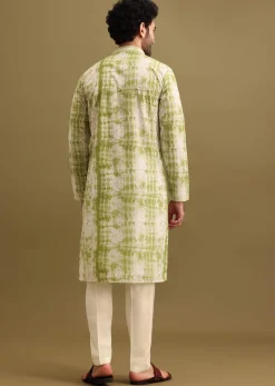 Green Printed Silk Kurta Set For Men