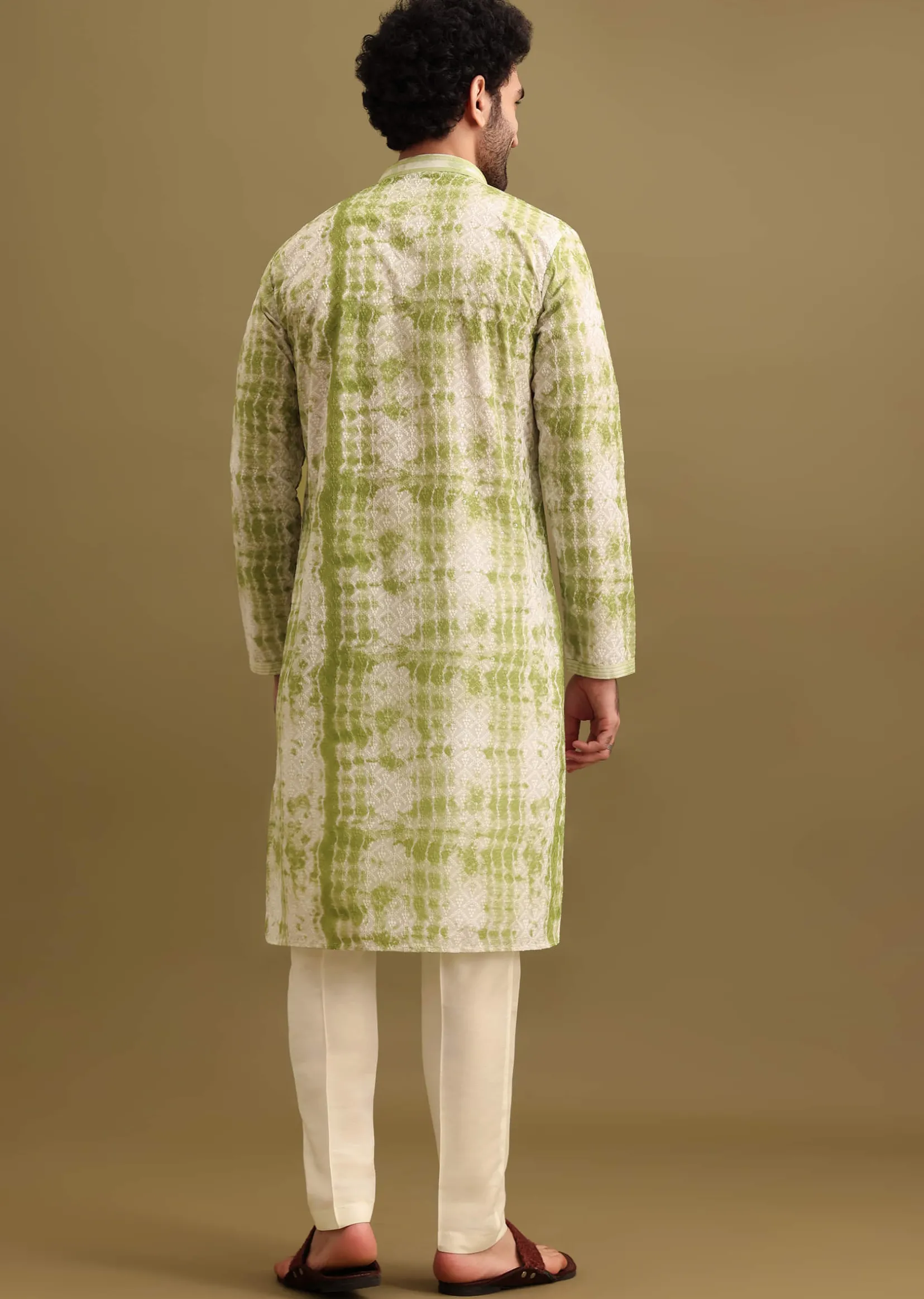 Green Printed Silk Kurta Set For Men