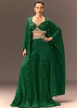 Green Ruched Blouse With Frill Palazzo And Cape