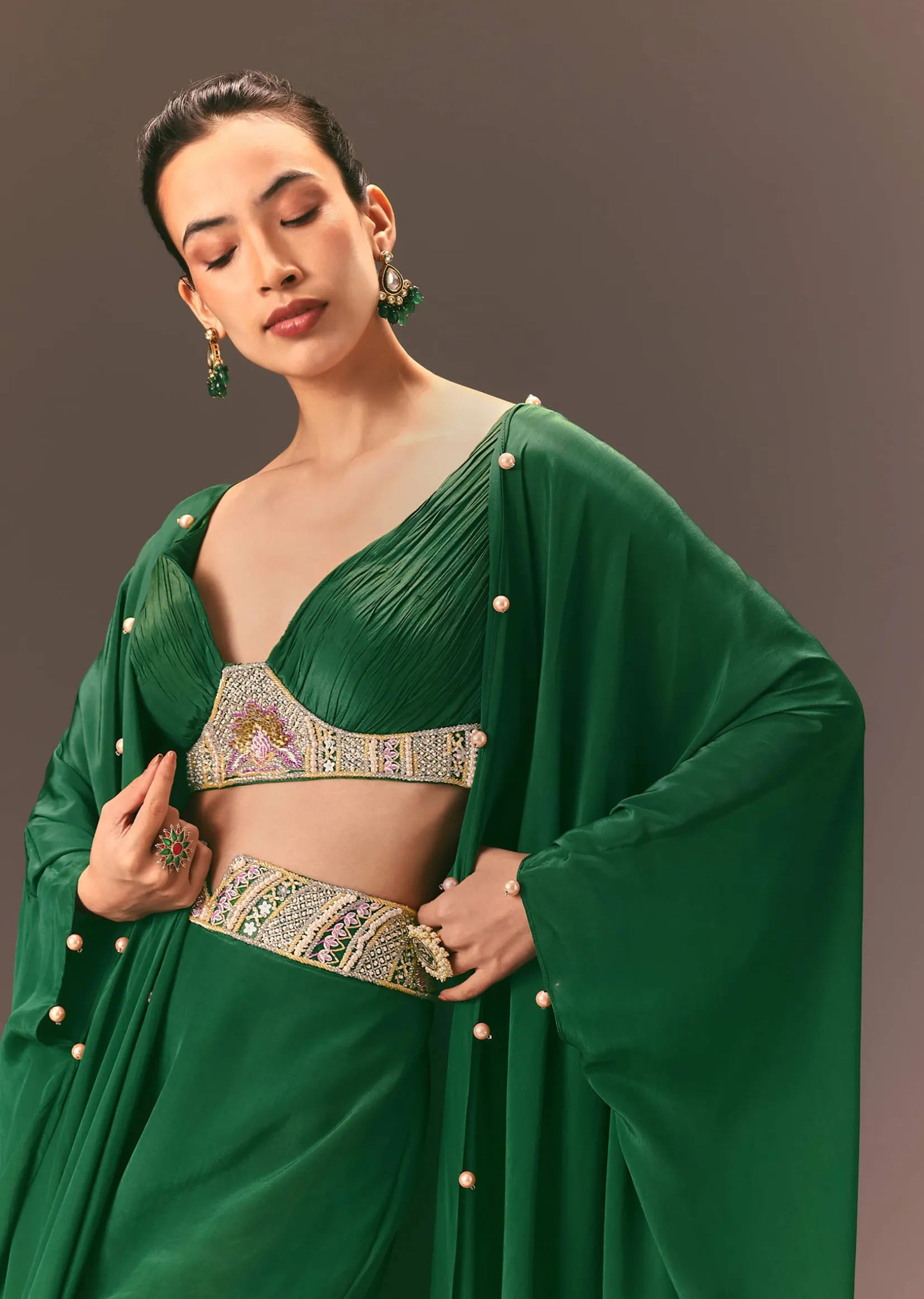 Green Ruched Blouse With Frill Palazzo And Cape