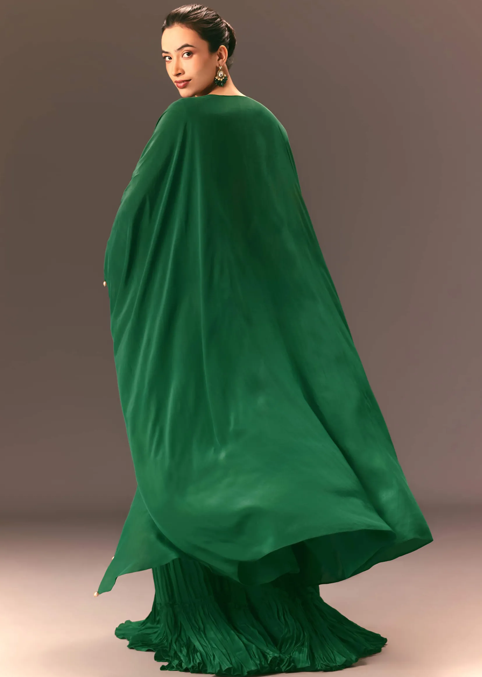 Green Ruched Blouse With Frill Palazzo And Cape
