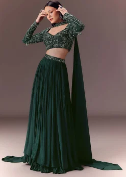 Green Ruched Frill Lehenga Set With Choker Dupatta