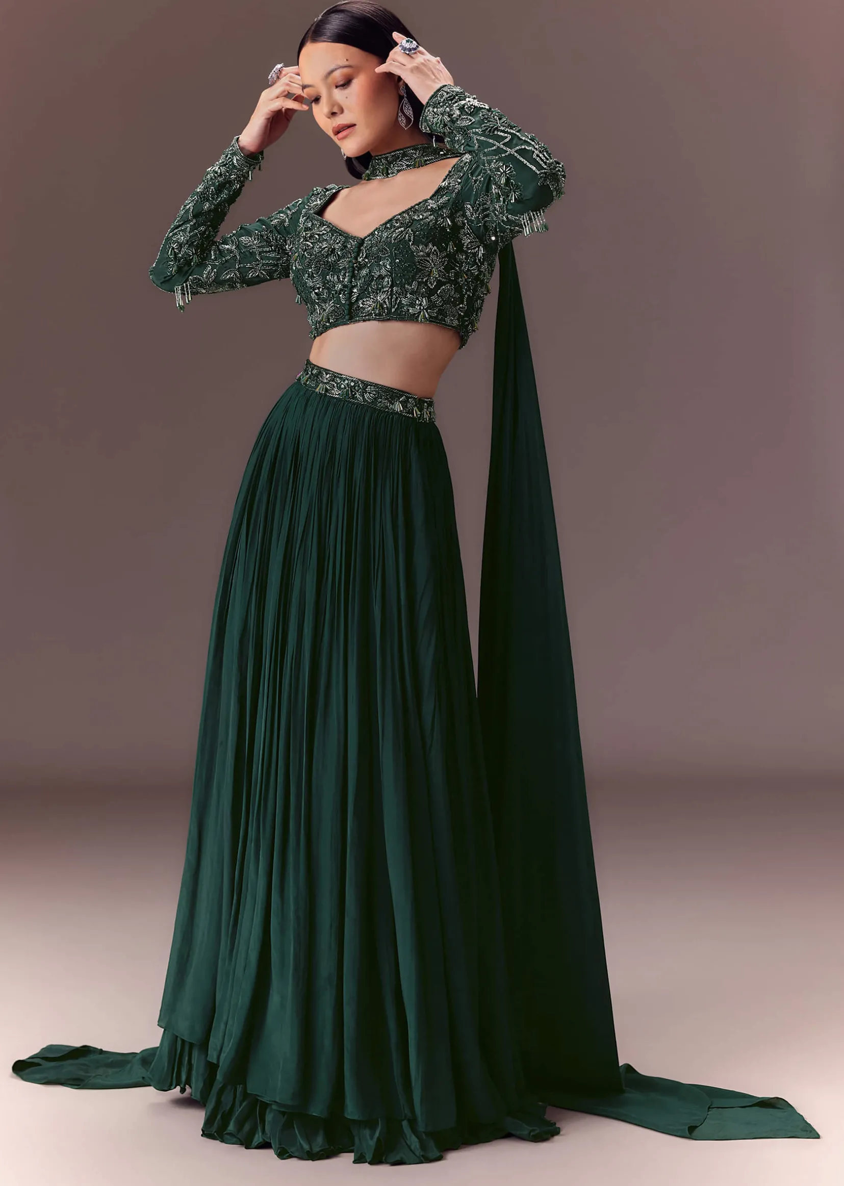 Green Ruched Frill Lehenga Set With Choker Dupatta