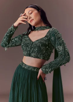 Green Ruched Frill Lehenga Set With Choker Dupatta