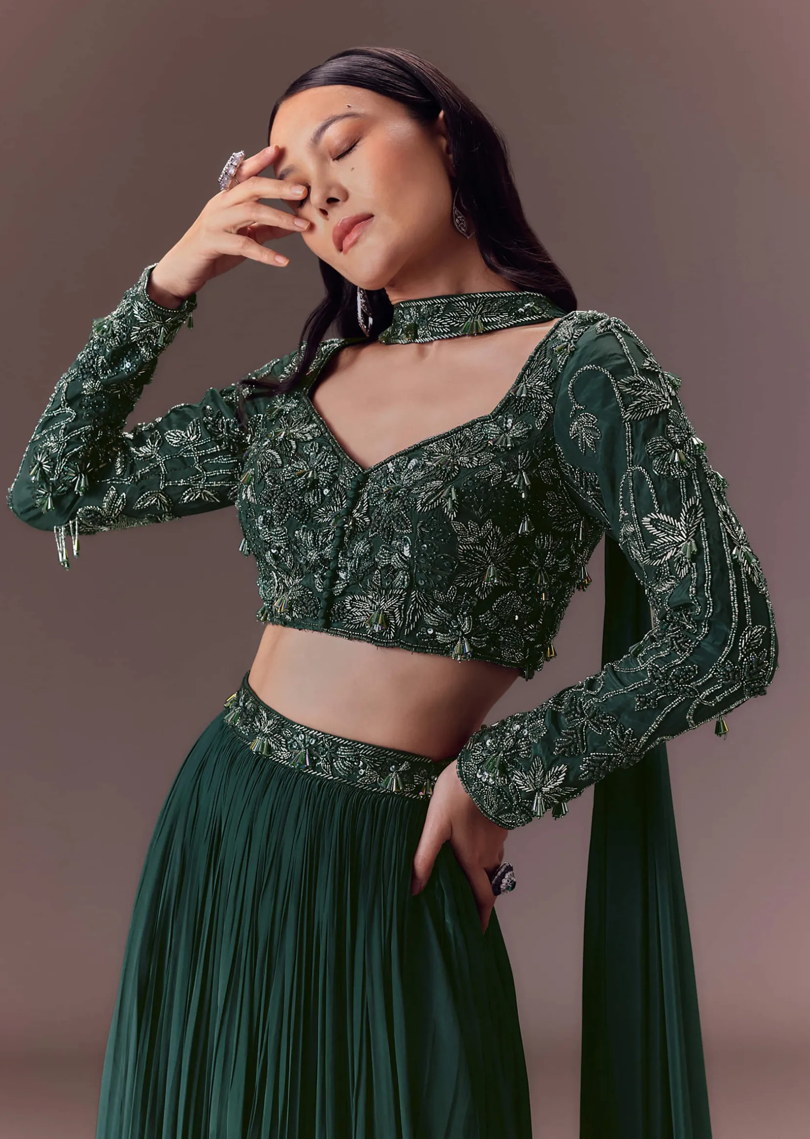 Green Ruched Frill Lehenga Set With Choker Dupatta