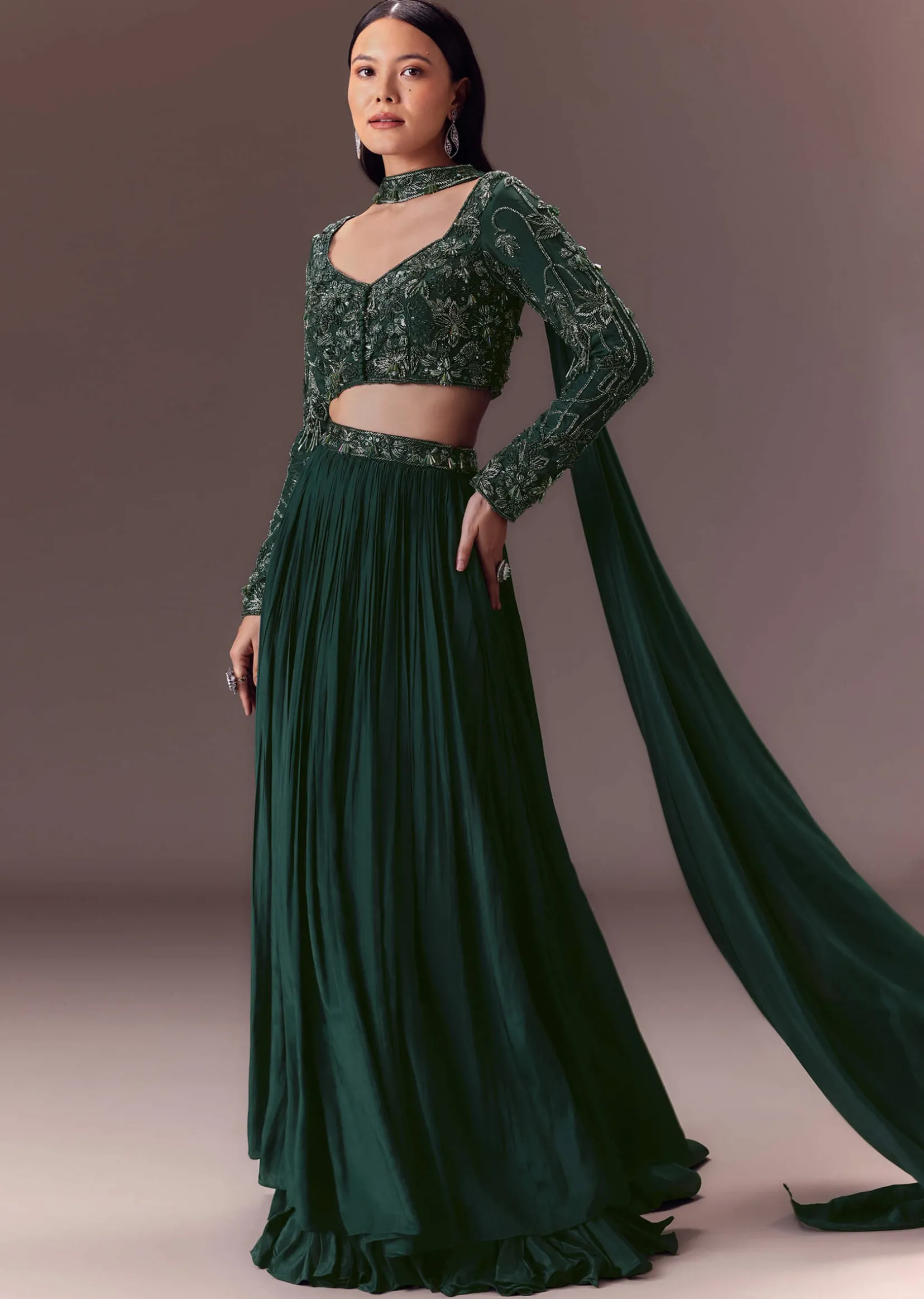 Green Ruched Frill Lehenga Set With Choker Dupatta