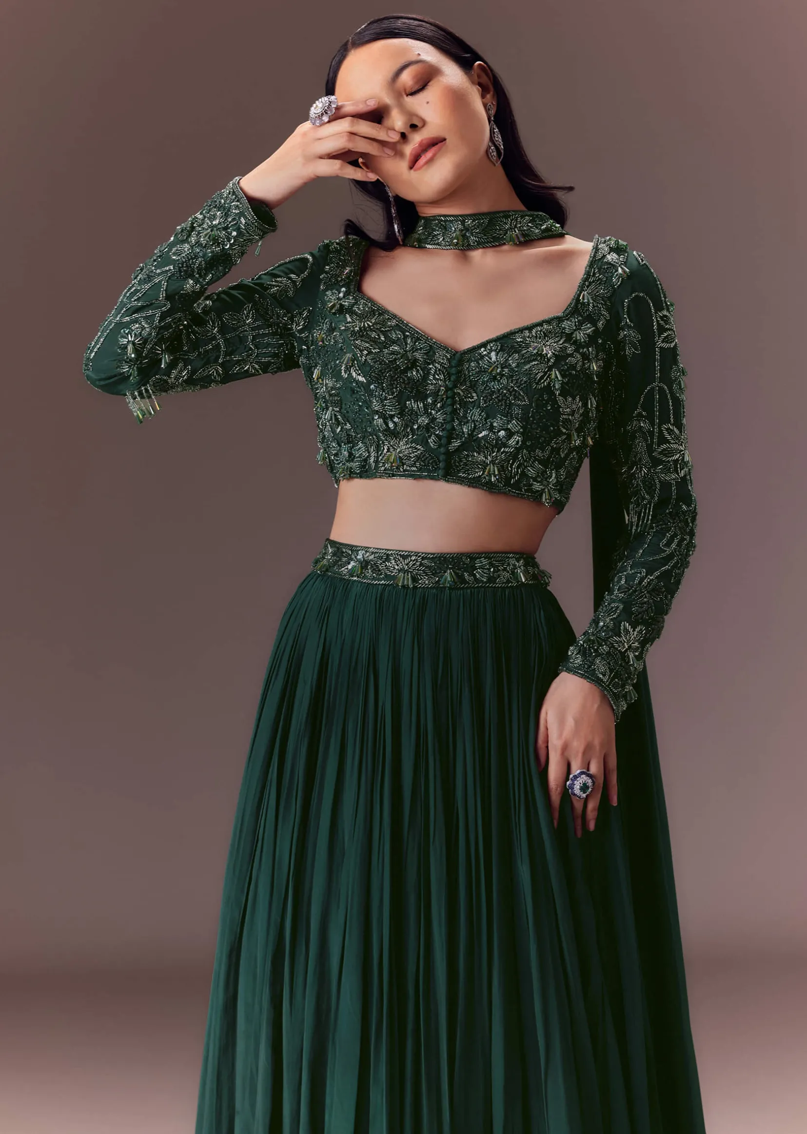 Green Ruched Frill Lehenga Set With Choker Dupatta