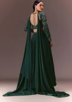 Green Ruched Frill Lehenga Set With Choker Dupatta