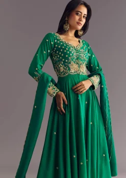Green Russian Silk Front Slit Kurta Dupatta Set With Beaded Embroidery