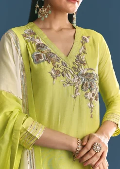 Green Russian Silk Kurta Sharara Suit With Gotta Work