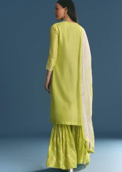 Green Russian Silk Kurta Sharara Suit With Gotta Work