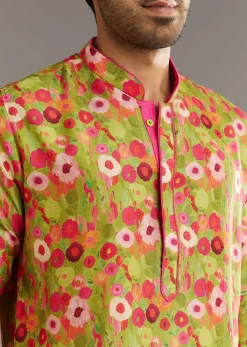 Green Russian Silk Kurta Set With Blossoming Prints