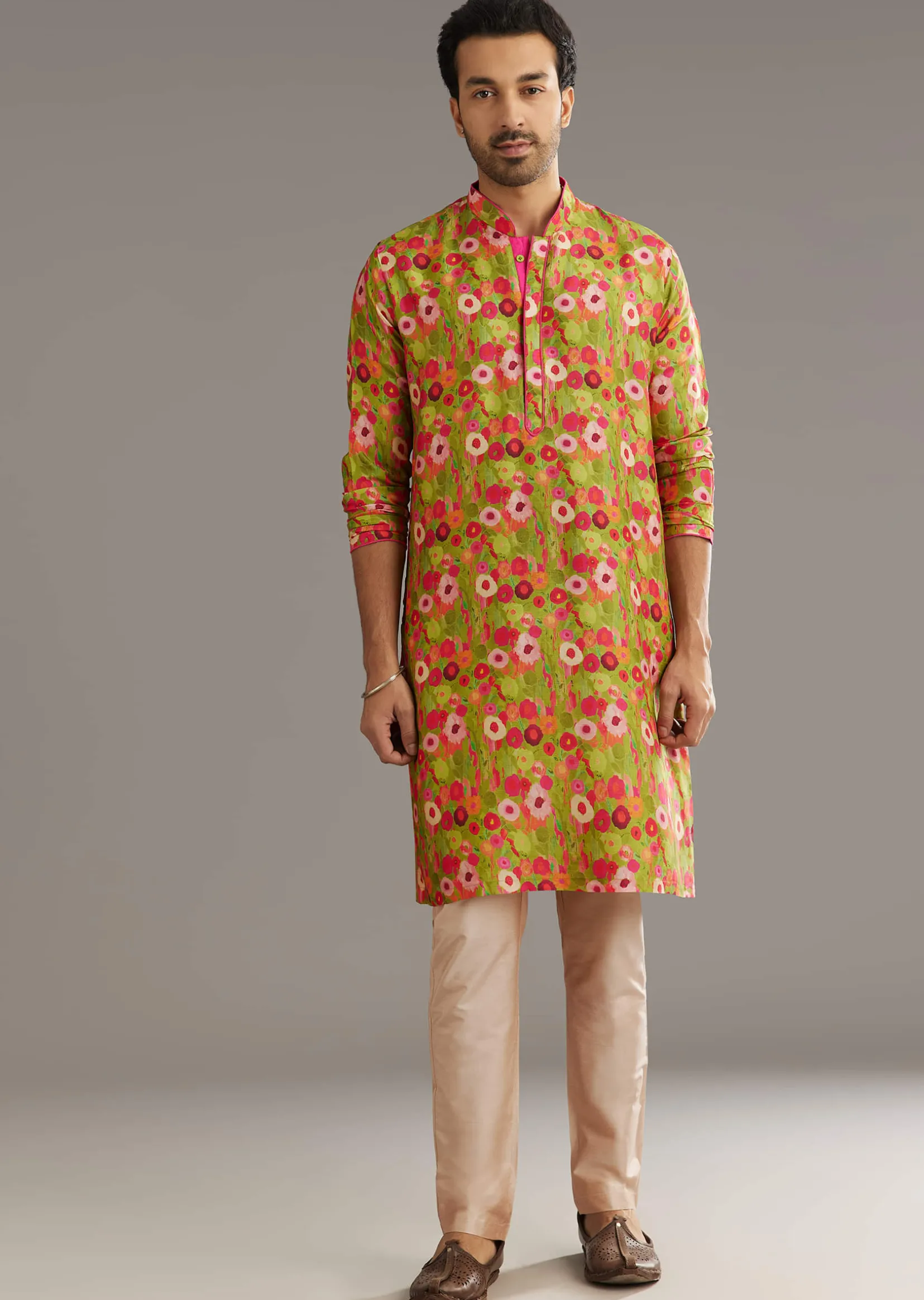 Green Russian Silk Kurta Set With Blossoming Prints
