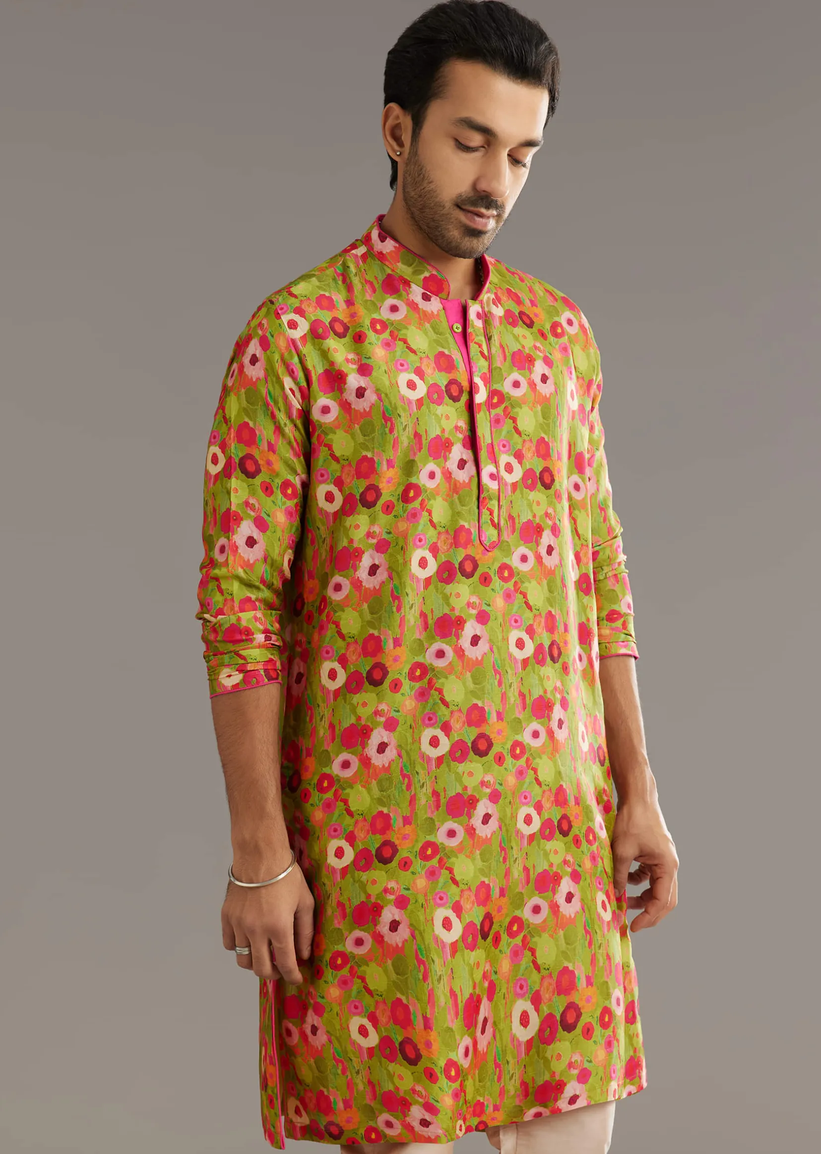 Green Russian Silk Kurta Set With Blossoming Prints