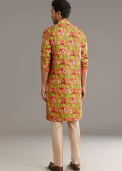 Green Russian Silk Kurta Set With Blossoming Prints