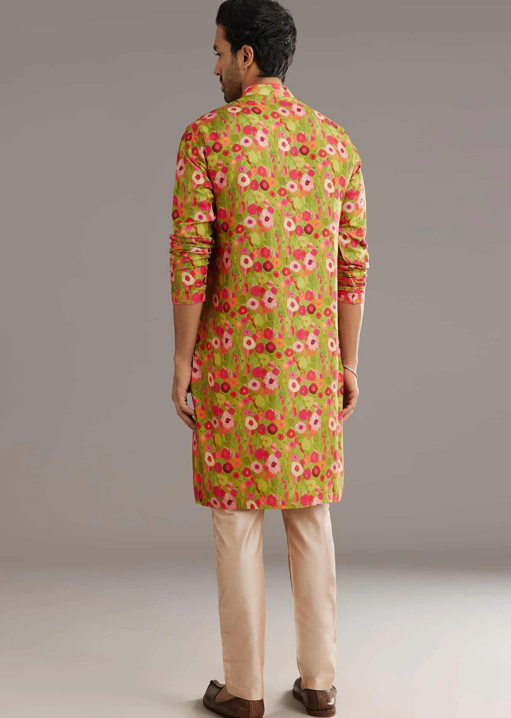 Green Russian Silk Kurta Set With Blossoming Prints