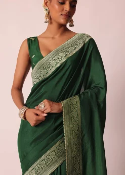 Green Saree In Silk With Woven Bandhani Detail And Unstitched Blouse Piece