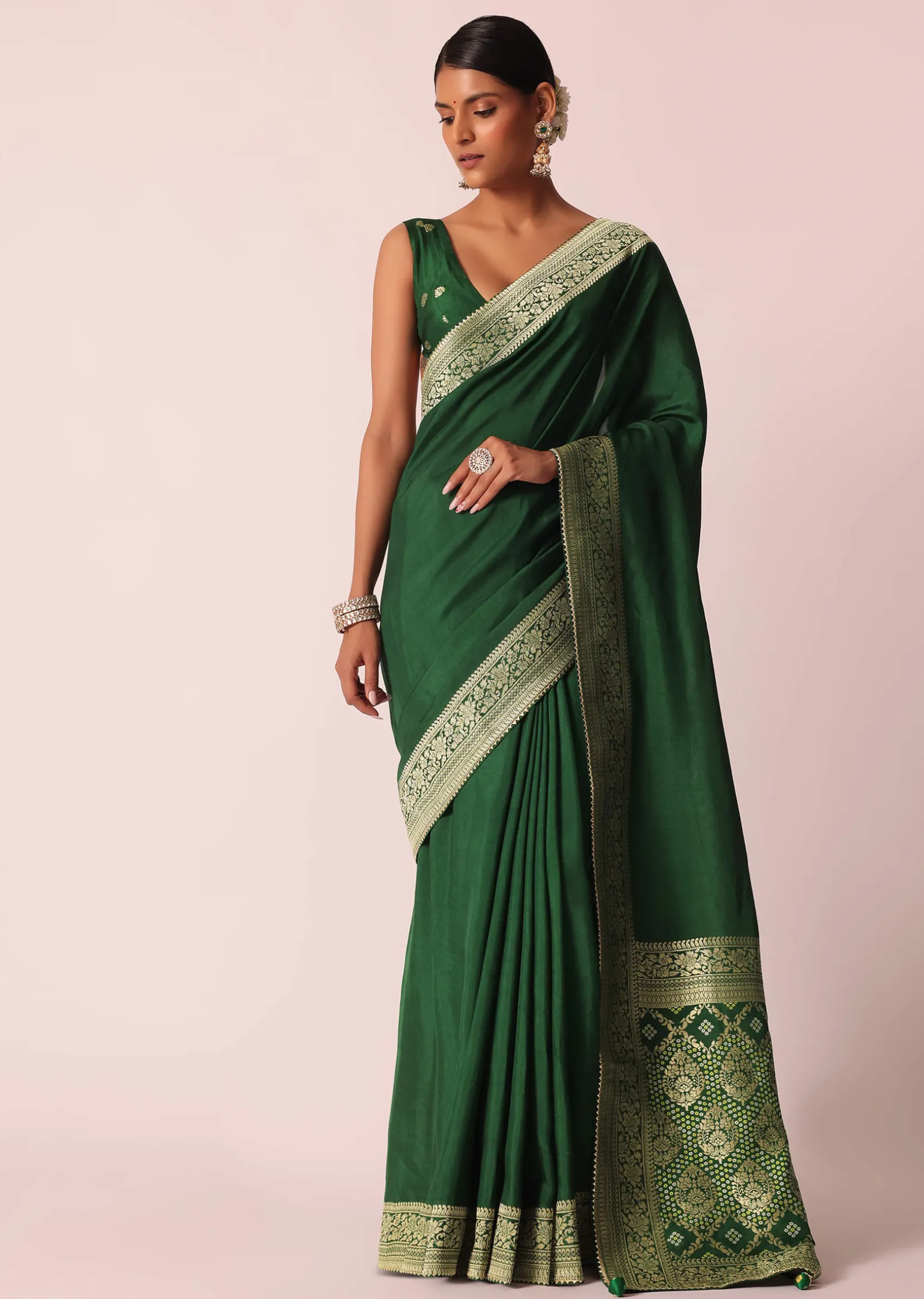 Green Saree In Silk With Woven Bandhani Detail And Unstitched Blouse Piece