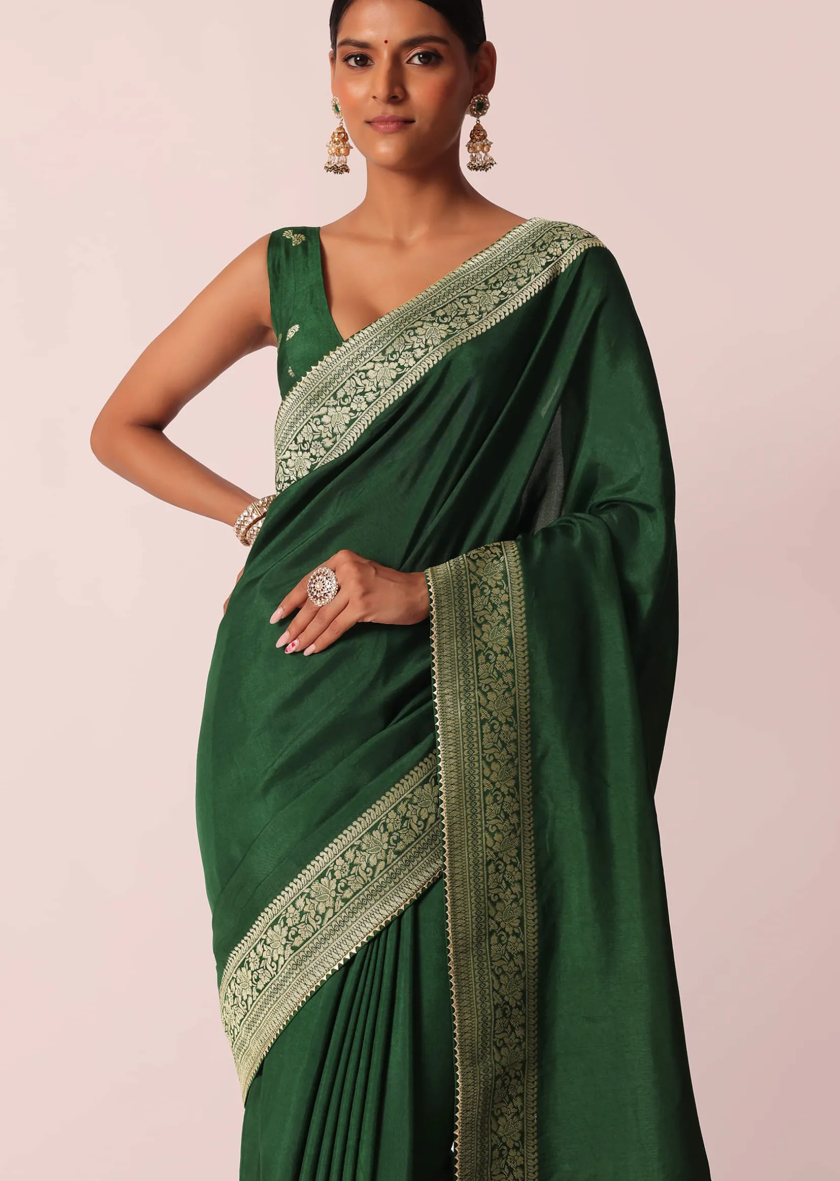 Green Saree In Silk With Woven Bandhani Detail And Unstitched Blouse Piece