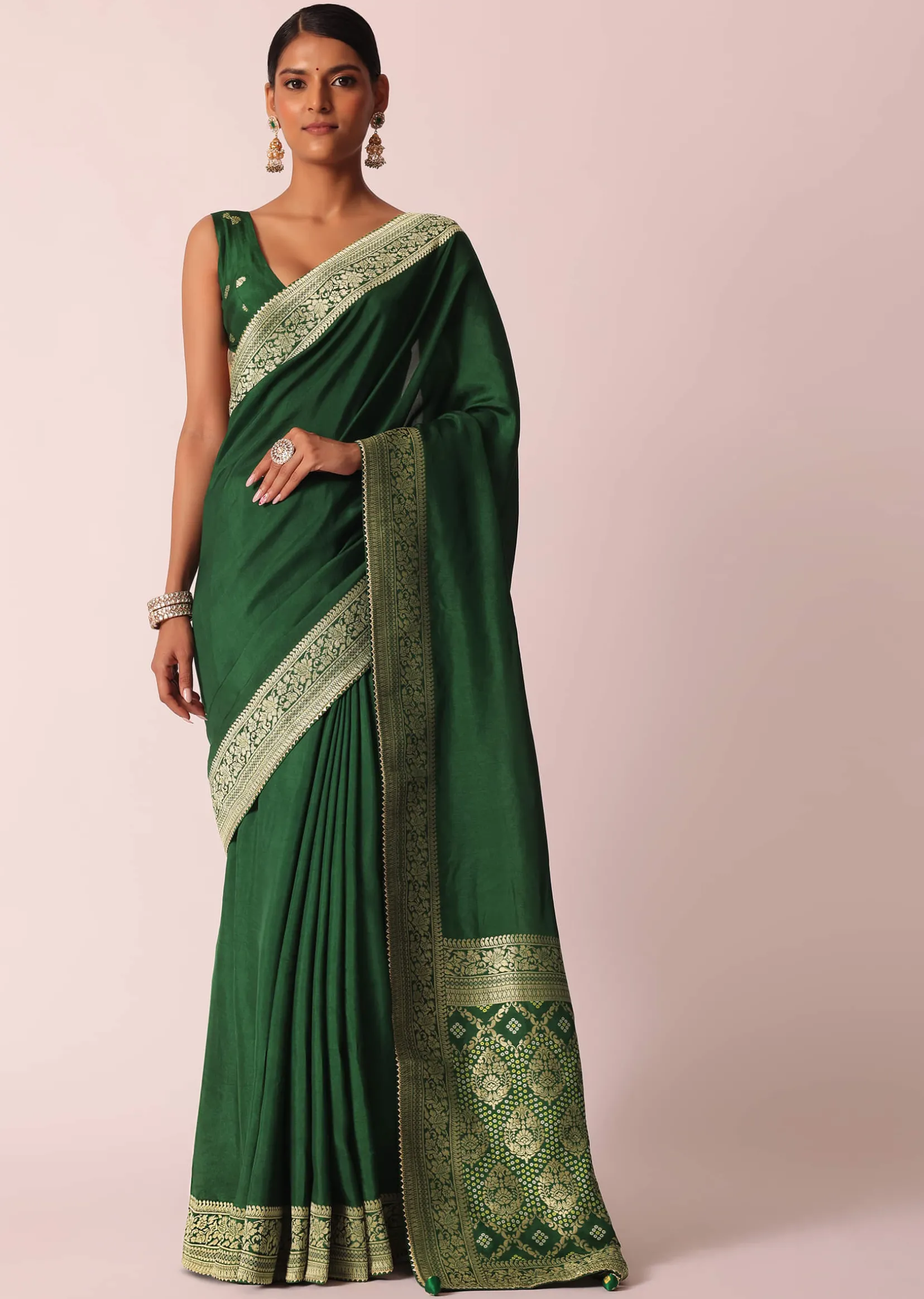 Green Saree In Silk With Woven Bandhani Detail And Unstitched Blouse Piece