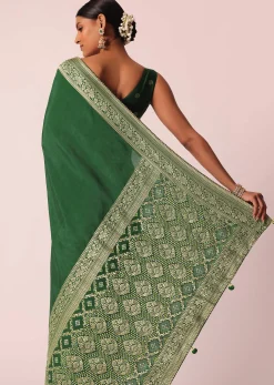 Green Saree In Silk With Woven Bandhani Detail And Unstitched Blouse Piece
