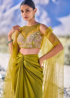 Green Satin Drape Skirt With Embroidered Blouse And Net Cape