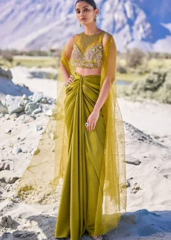 Green Satin Drape Skirt With Embroidered Blouse And Net Cape