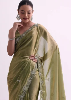 Green Satin Tissue Saree With Sequin Scallop Work And Unstitched Blouse Fabric
