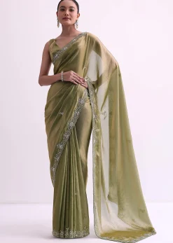 Green Satin Tissue Saree With Sequin Scallop Work And Unstitched Blouse Fabric