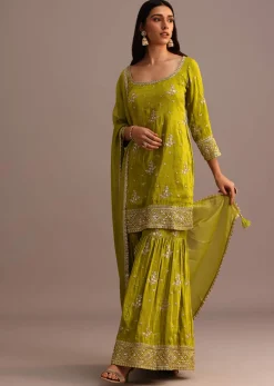 Green Sequins Kurti Sharara With Chanderi Banarasi Dupatta