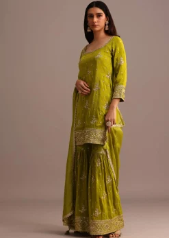Green Sequins Kurti Sharara With Chanderi Banarasi Dupatta