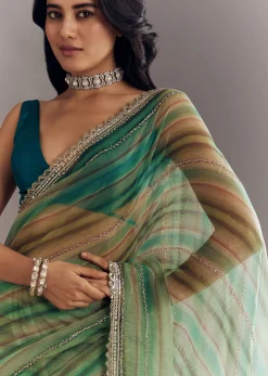 Green Shaded Tissue Saree With Cutwork Scallop Border