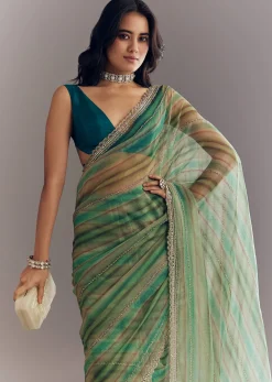 Green Shaded Tissue Saree With Cutwork Scallop Border