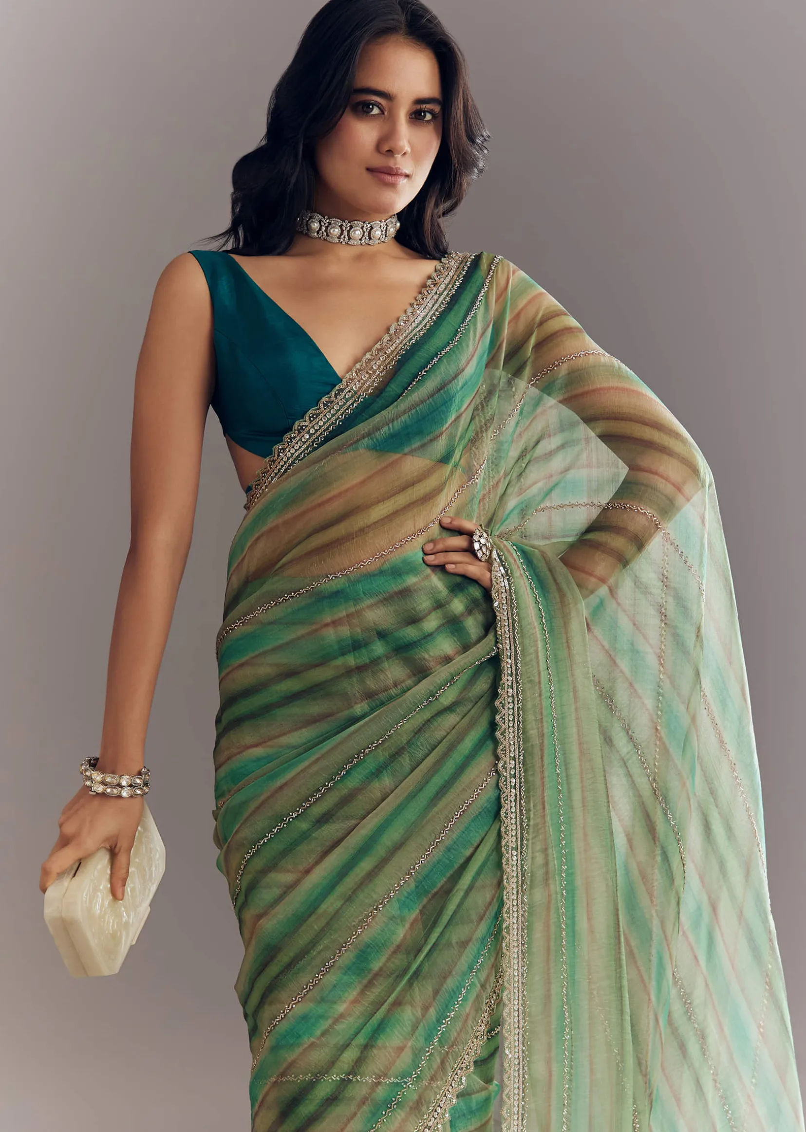 Green Shaded Tissue Saree With Cutwork Scallop Border