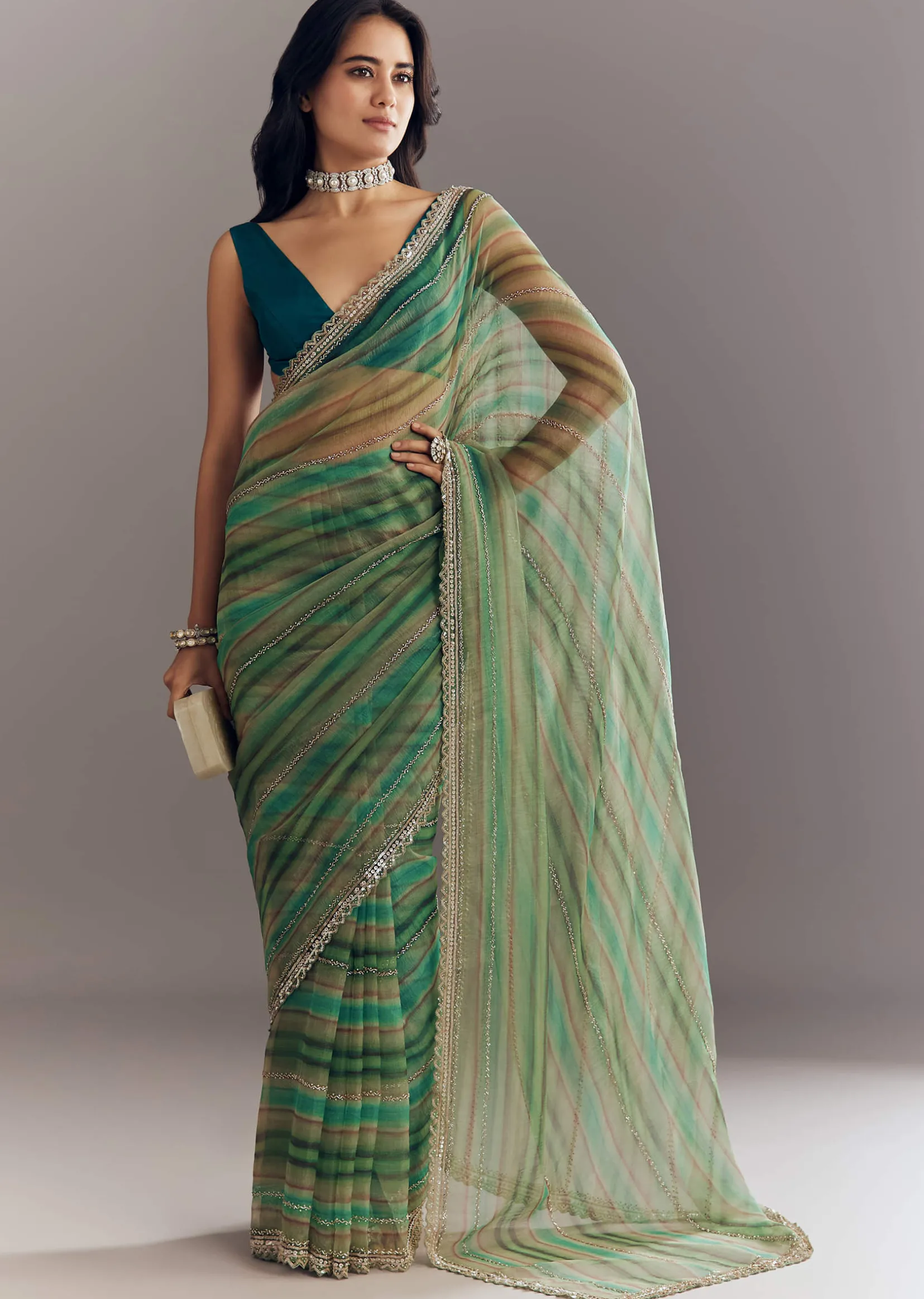 Green Shaded Tissue Saree With Cutwork Scallop Border